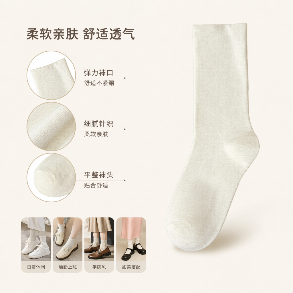 白色棉质运动袜 男女通用吸湿排汗短筒袜