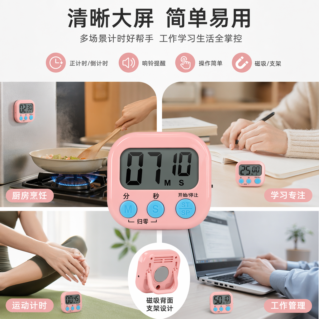 彩色电子计时器 数显倒计时闹钟 家用运动厨房多场景便携