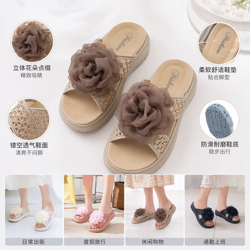Colorful flower-decorated flip-flops for women with summer casual anti-slip soft soles