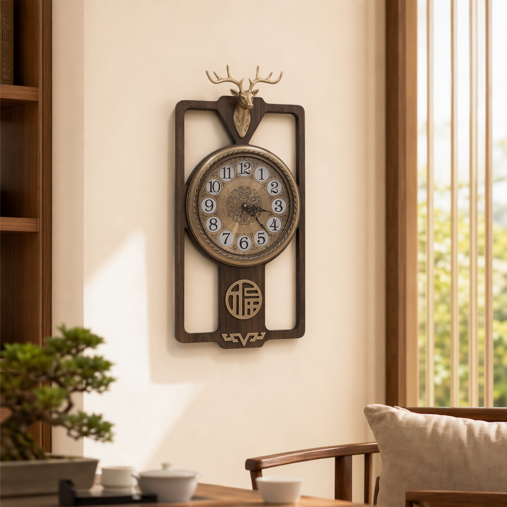 A golden deer head decorated wall clock for the living room and bedroom, a simple Nordic wall-mounted clock details Picture