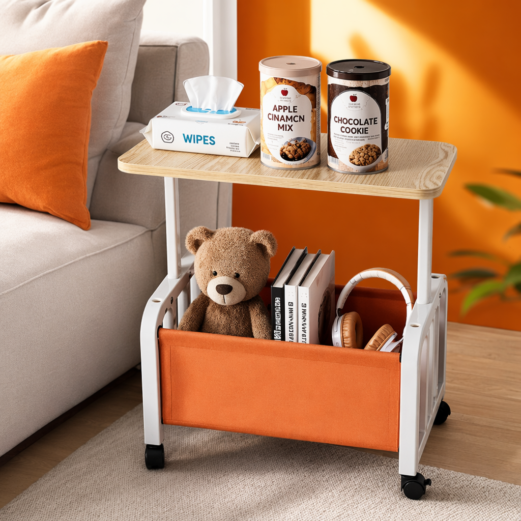 رفوف خشبية متحركة مع حامل متعددة الوظائف مع سلة البرتقالية Specification image