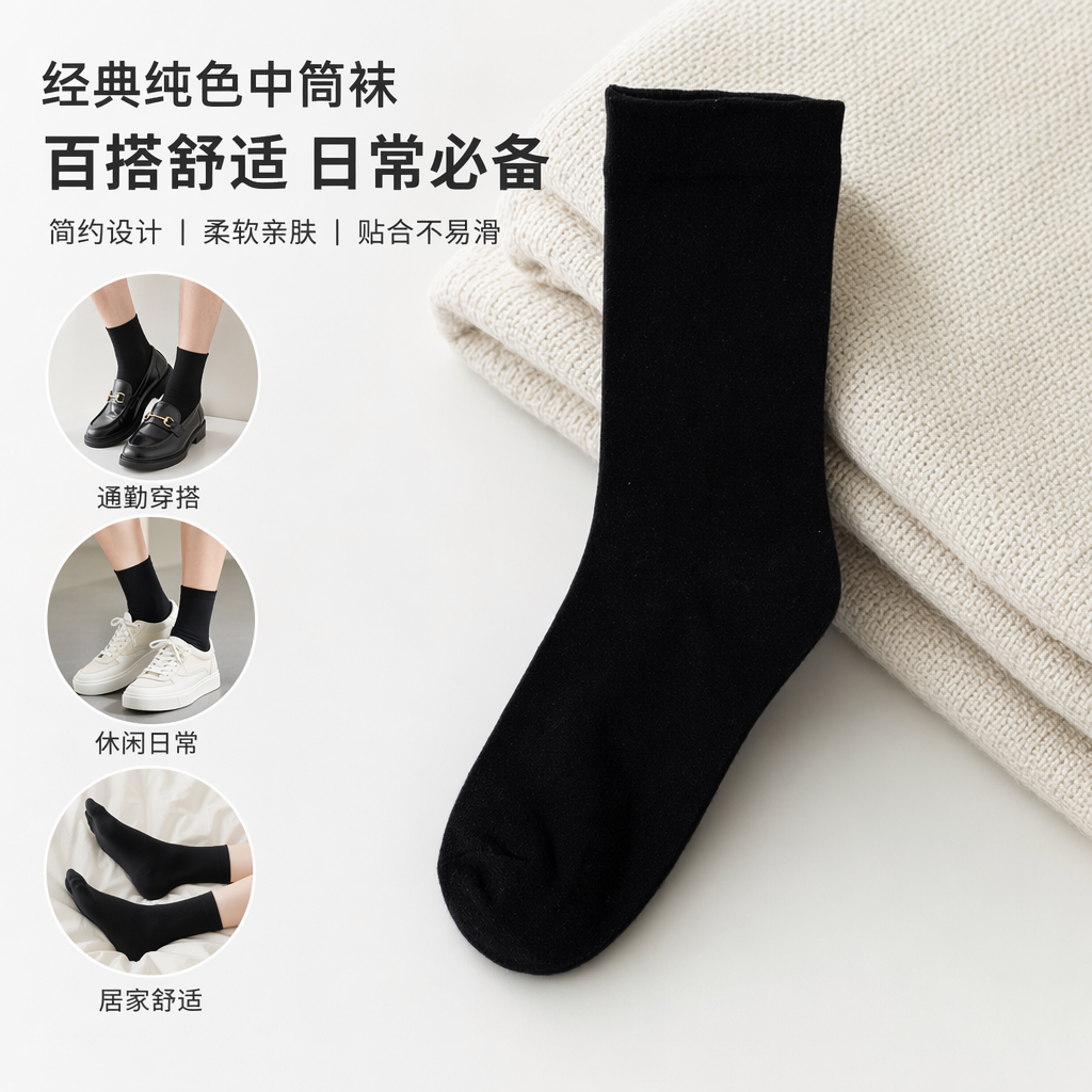 黑色纯棉男士中筒袜吸汗透气舒适日常百搭