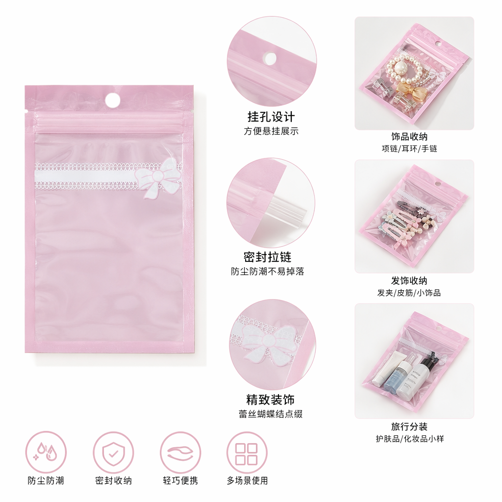 粉色蝴蝶结款密封袋 食品级PE材质 可重复封口家用保鲜