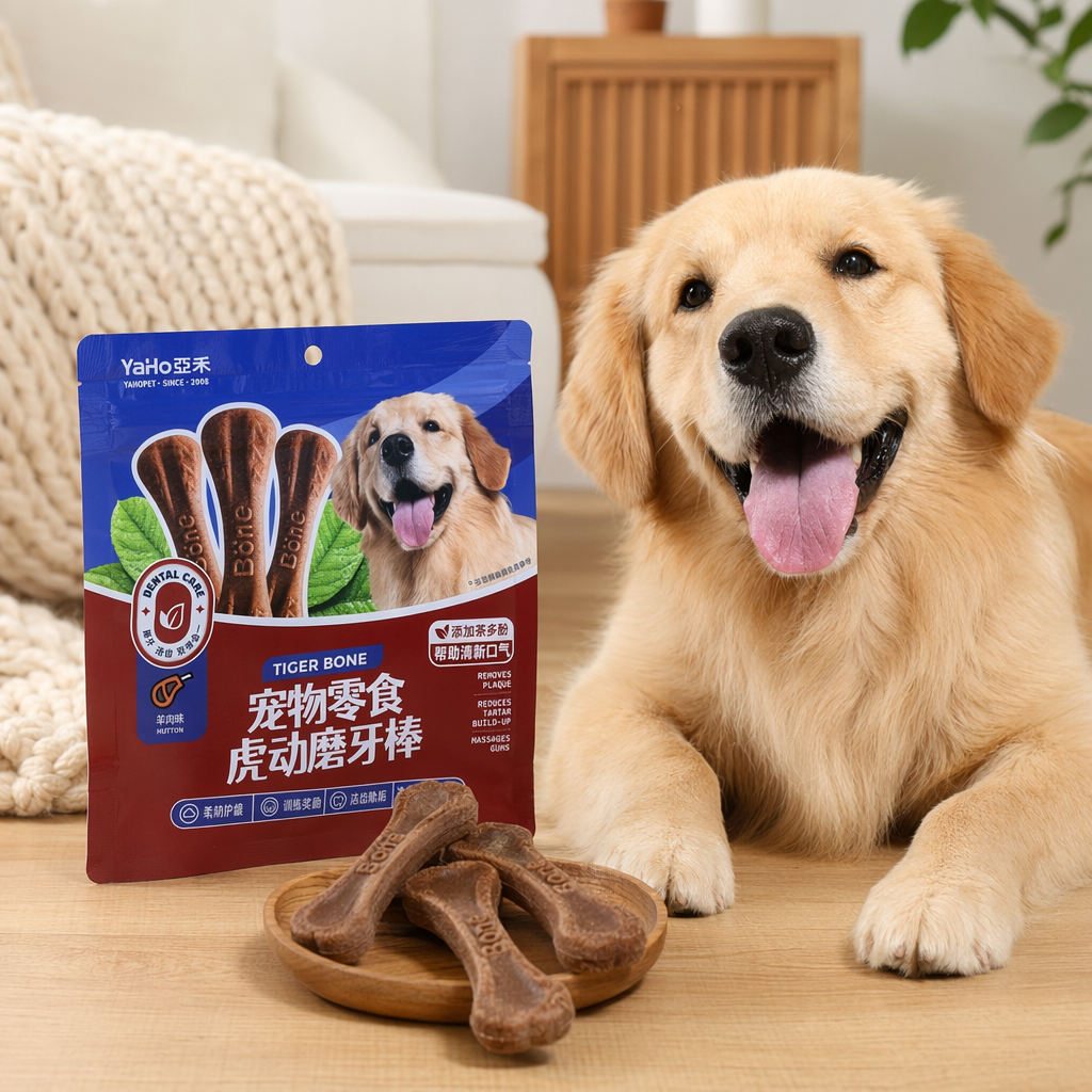 The Hudong Pet teething stick comes in a blue and red dual-color packaging bag, made of natural cowhide band material, which is highly durable details Picture