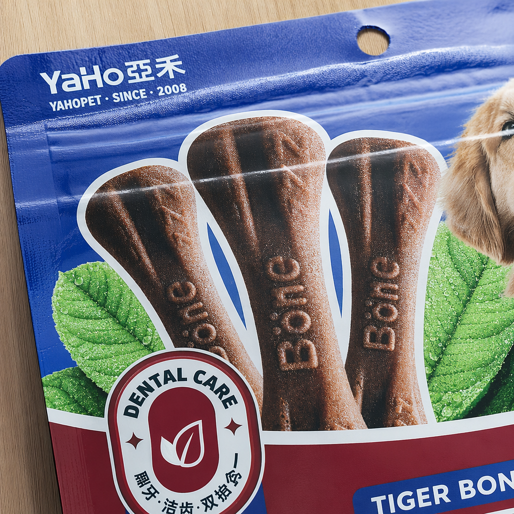 The Hudong Pet teething stick comes in a blue and red dual-color packaging bag, made of natural cowhide band material, which is highly durable Application Scenario
