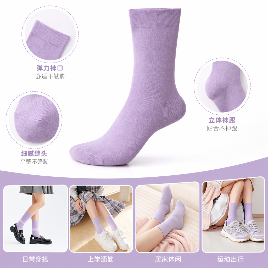淡紫色纯棉中筒袜 女士百搭舒适透气