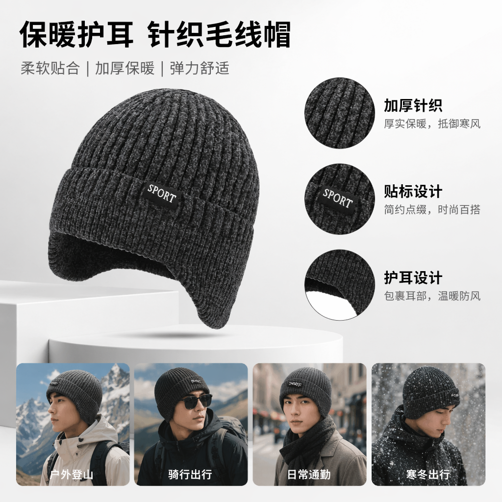 灰色针织耳罩帽 保暖防寒毛线帽冬季男女同款