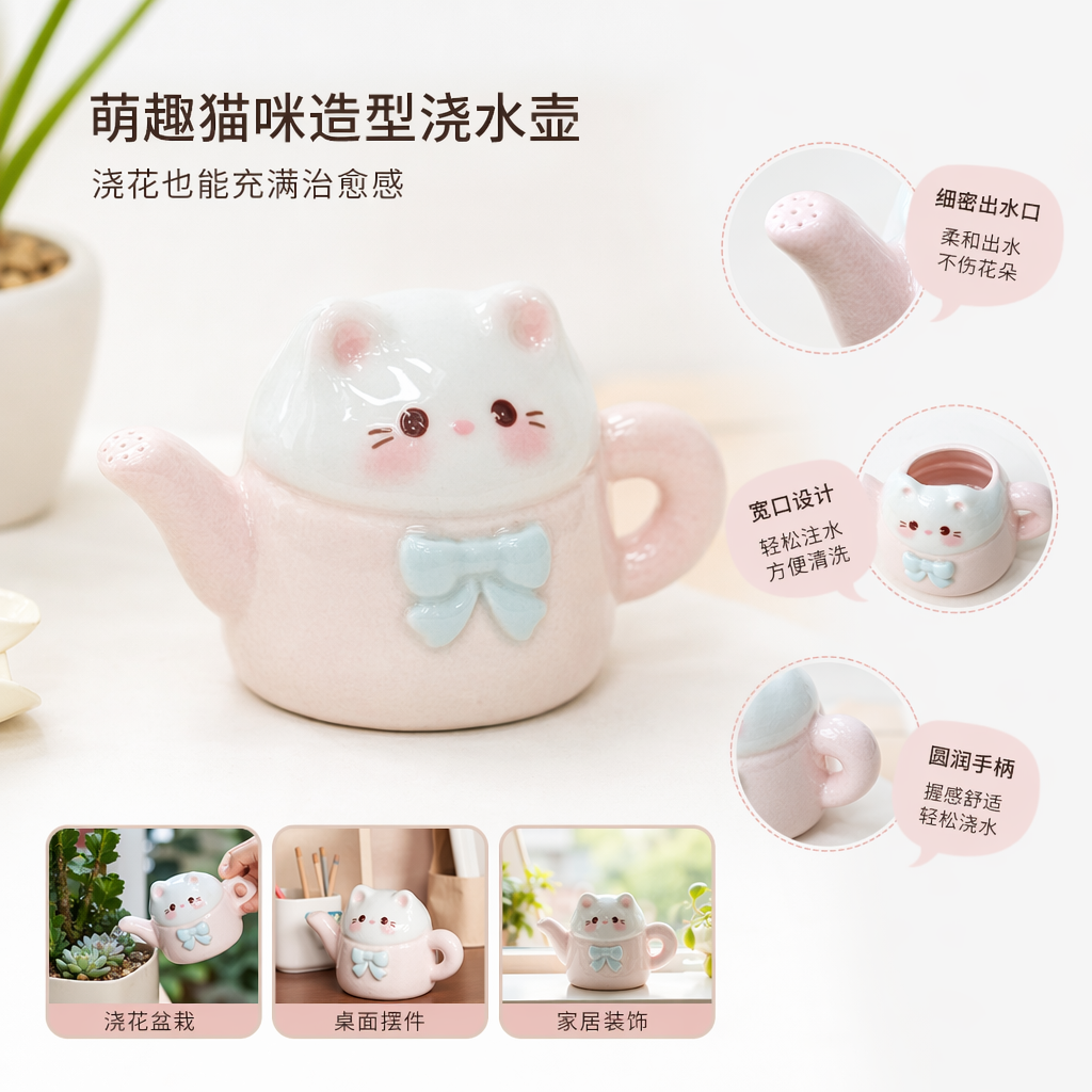 粉色猫咪造型陶瓷茶壶摆件家居装饰创意礼品