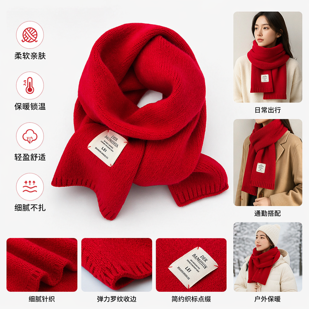 红色针织围巾女秋冬保暖百搭纯色毛线长款图