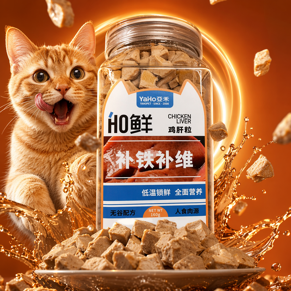 HO Fresh transparent plastic bottle, cat ear label, freeze-dried chicken liver snacks, iron and vitamin supplement -36℃ low temperature for freshness lock Specification image