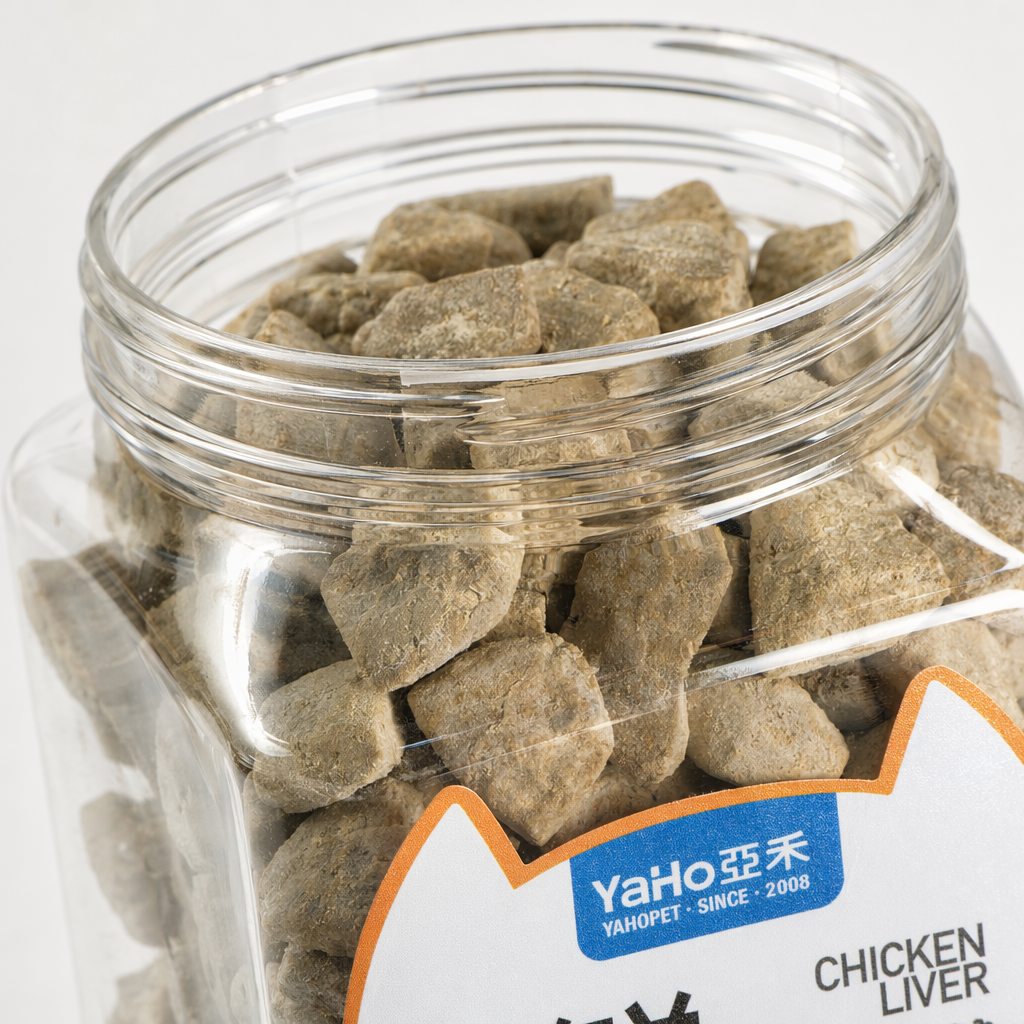 HO Fresh transparent plastic bottle, cat ear label, freeze-dried chicken liver snacks, iron and vitamin supplement -36℃ low temperature for freshness lock Application Scenario