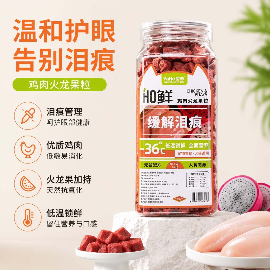 YaHo Fresh transparent plastic canned pet snacks, red chicken pitaya pieces, cat ear design to relieve tear stains -36℃ low temperature to lock in freshness