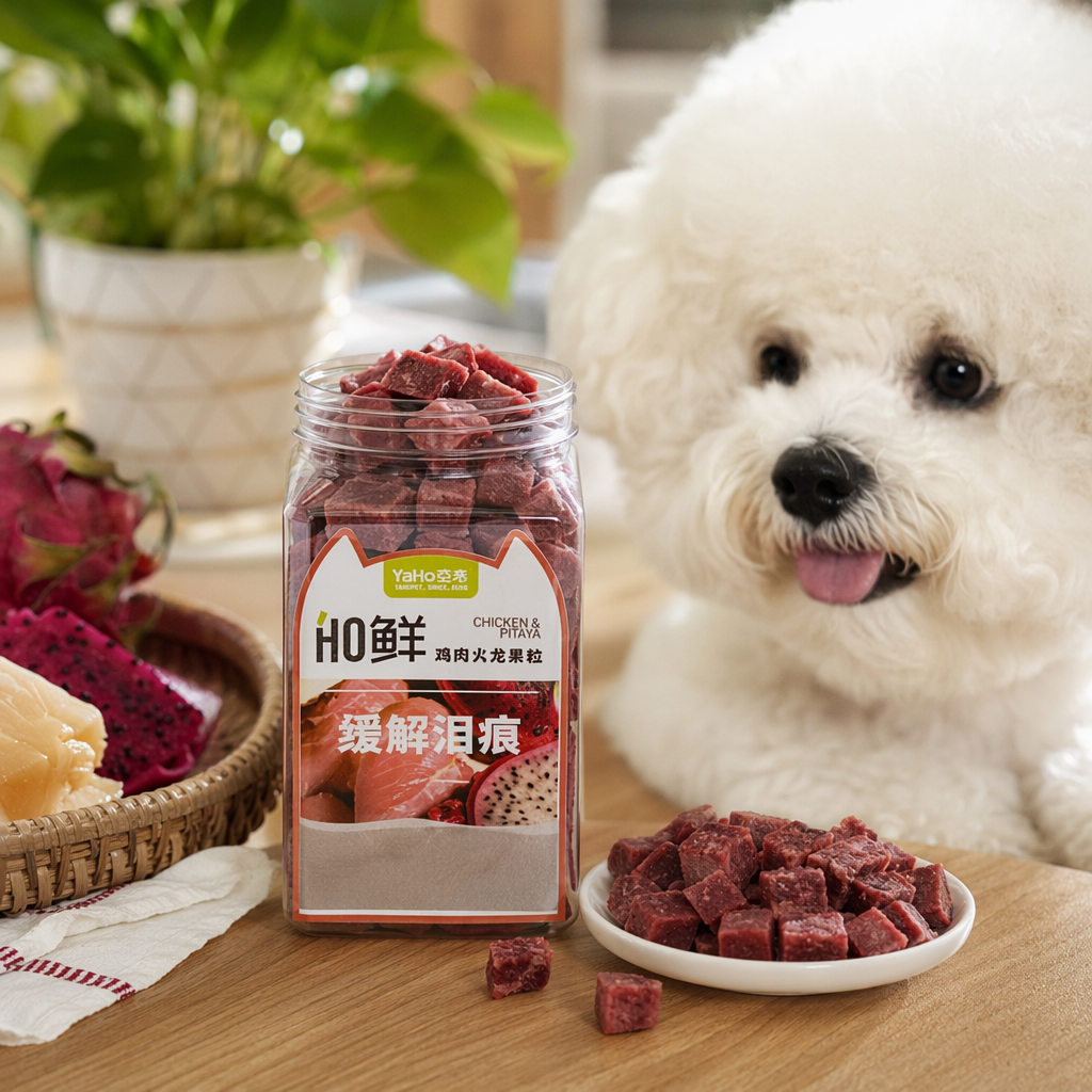 YaHo Fresh transparent plastic canned pet snacks, red chicken pitaya pieces, cat ear design to relieve tear stains -36℃ low temperature to lock in freshness details Picture