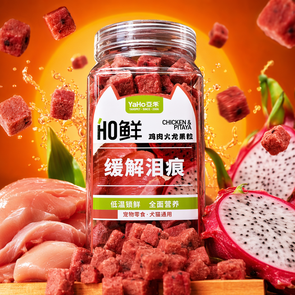 YaHo Fresh transparent plastic canned pet snacks, red chicken pitaya pieces, cat ear design to relieve tear stains -36℃ low temperature to lock in freshness Specification image