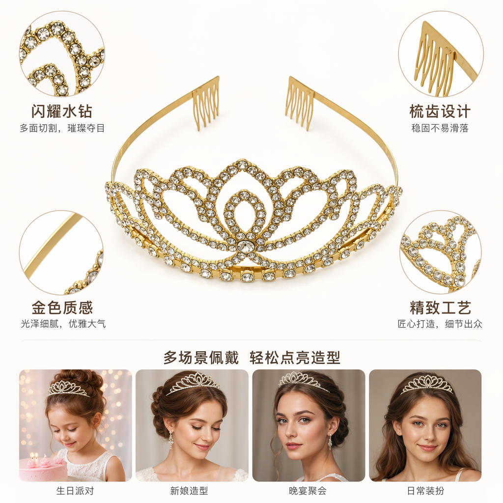 The golden diamond-encrusted crown headband is a dazzling and elegant lady's headwear