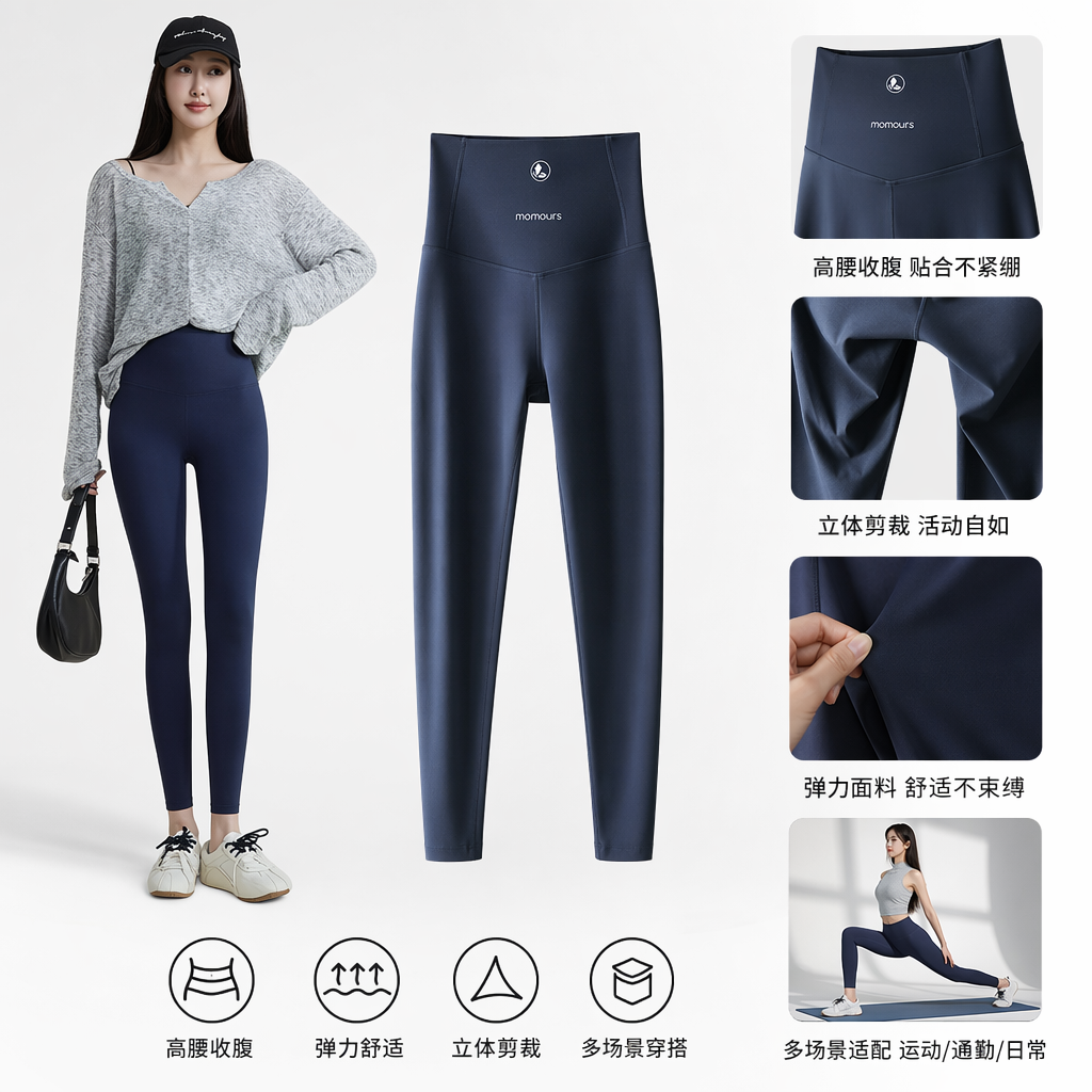 深蓝色高腰紧身运动裤模特实拍展示
