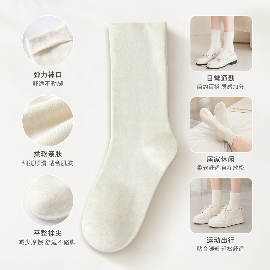纯棉白色袜子男女同款吸汗透气中筒袜