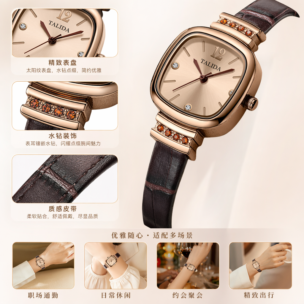 金色表壳玫瑰金表盘黑色皮质表带女士手表