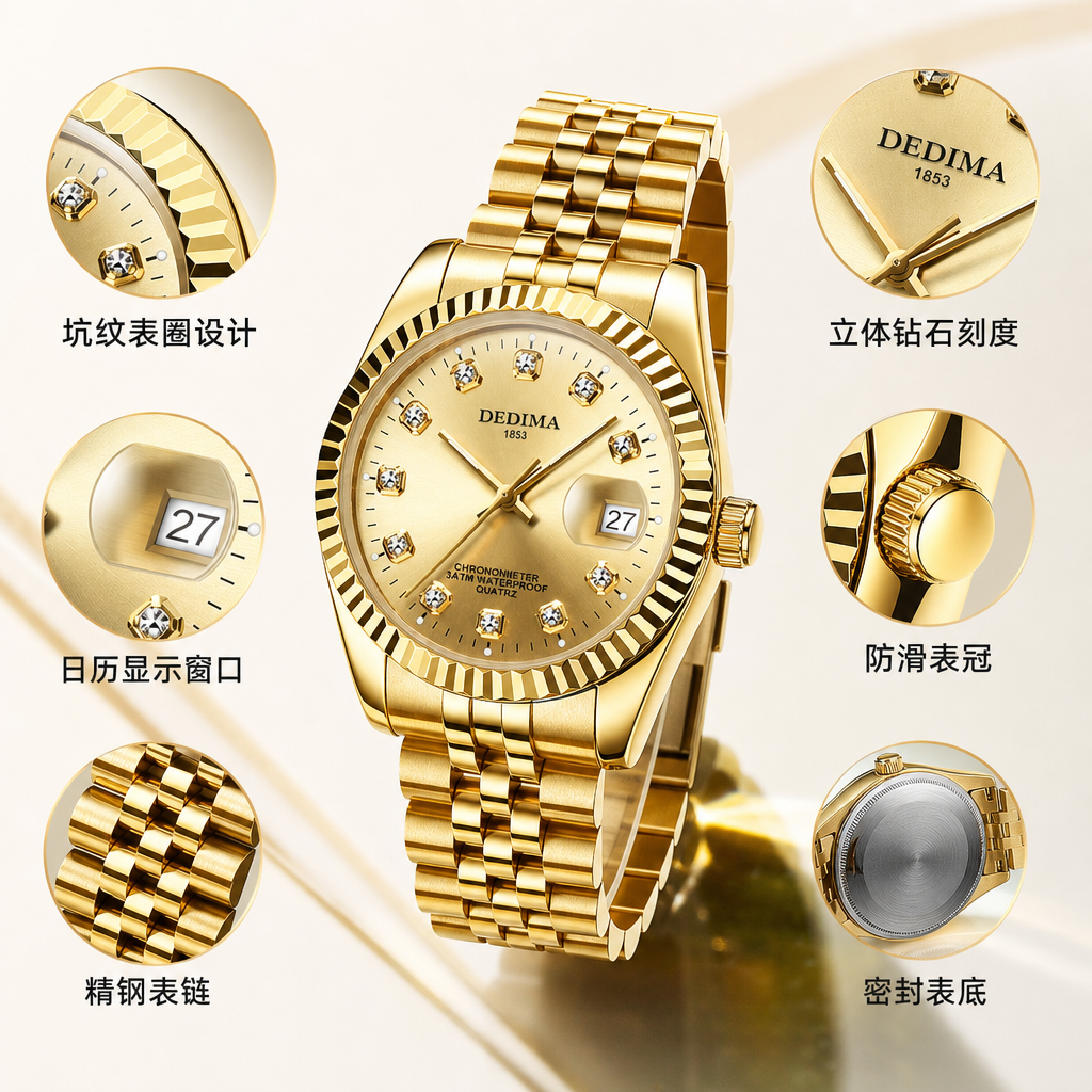 金色简约时尚石英手表男士女士通用款