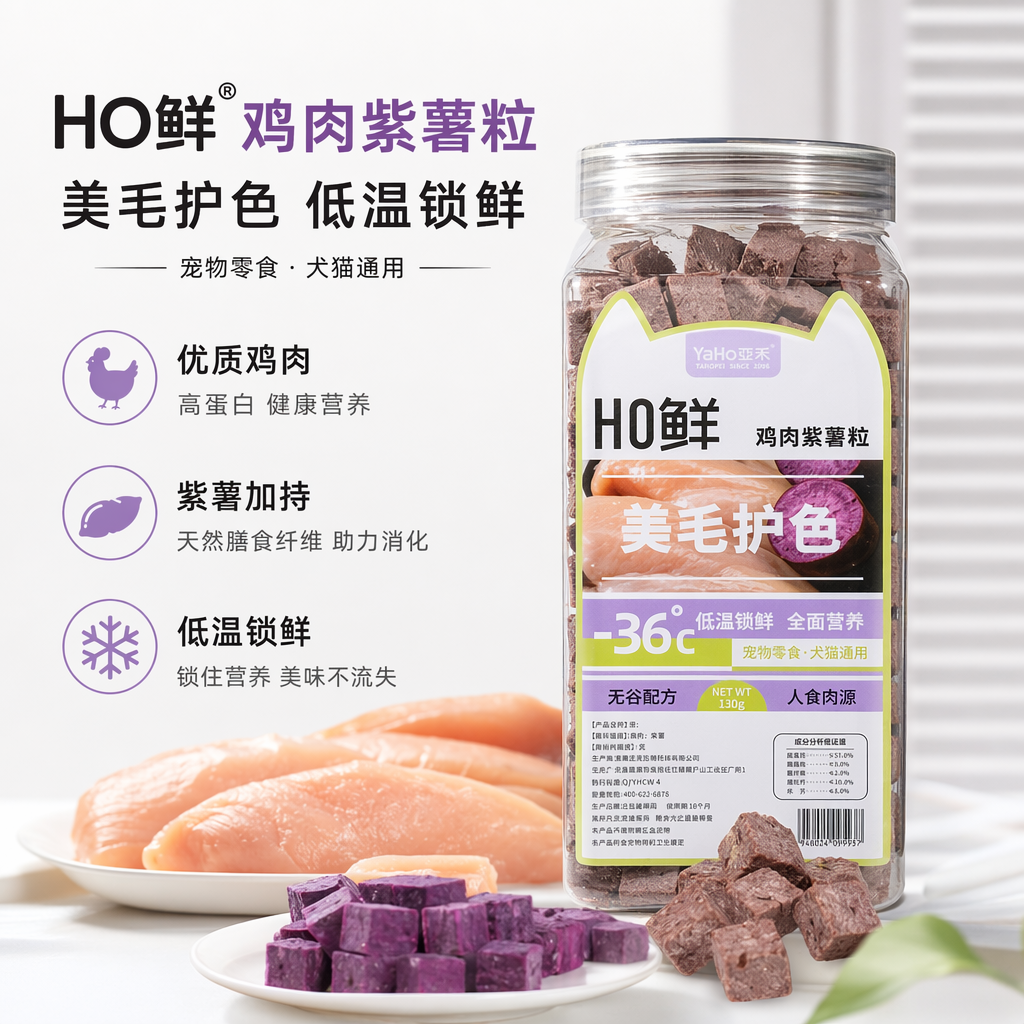 鲜鸡肉紫薯粒宠物零食透明塑料罐装美毛护色-36℃低温锁鲜