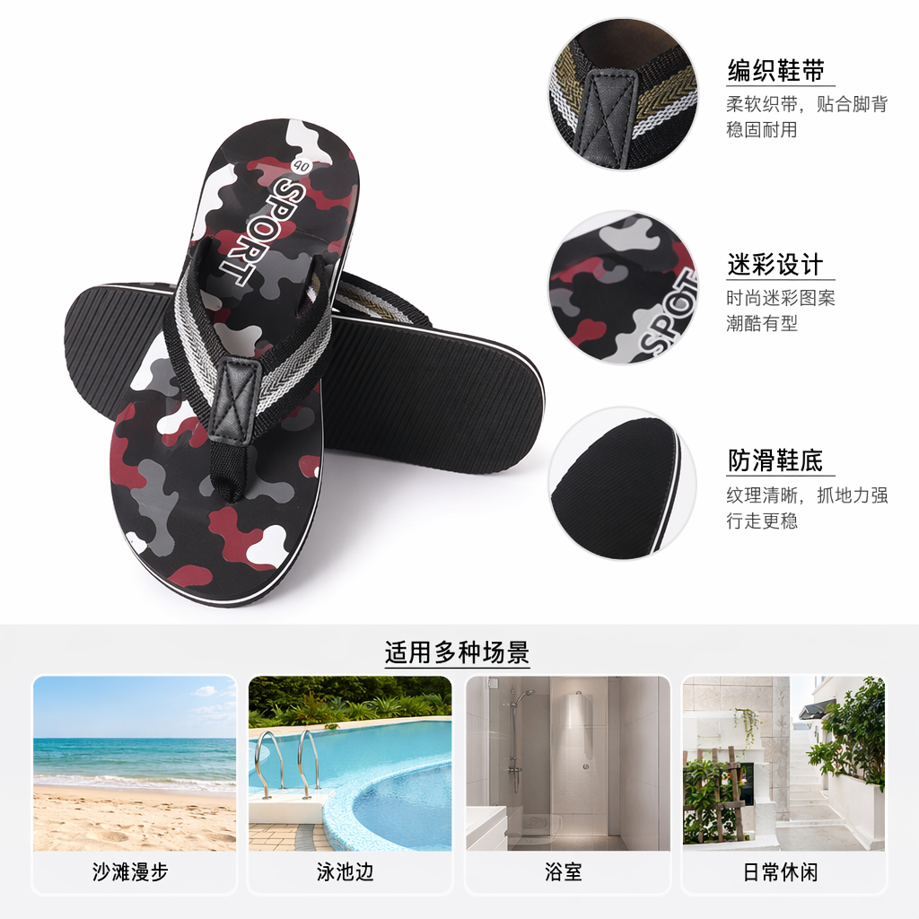 迷彩图案人字拖 男女同款防滑舒适沙滩凉拖