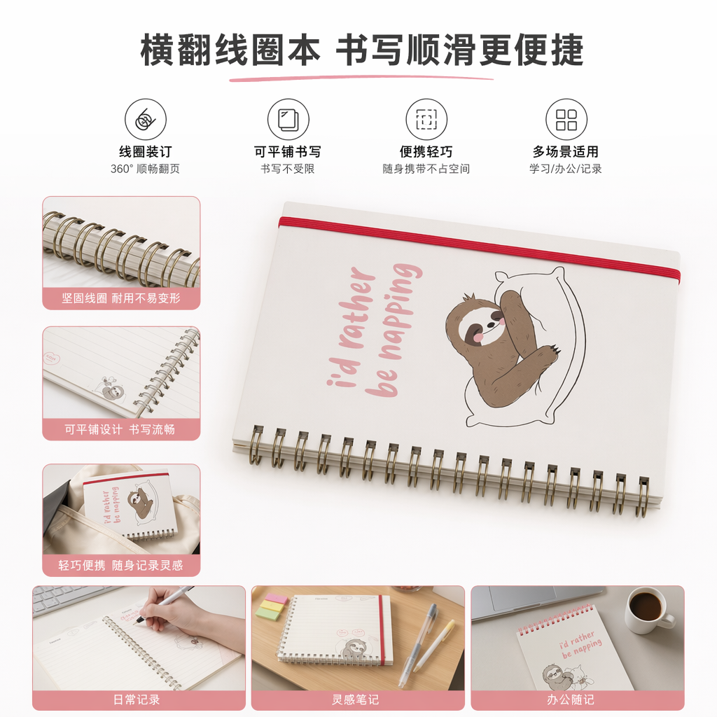 白色笔记本 树懒抱枕卡通封面配粉色I'd rather be napping文字 红色书签带金色螺旋装订