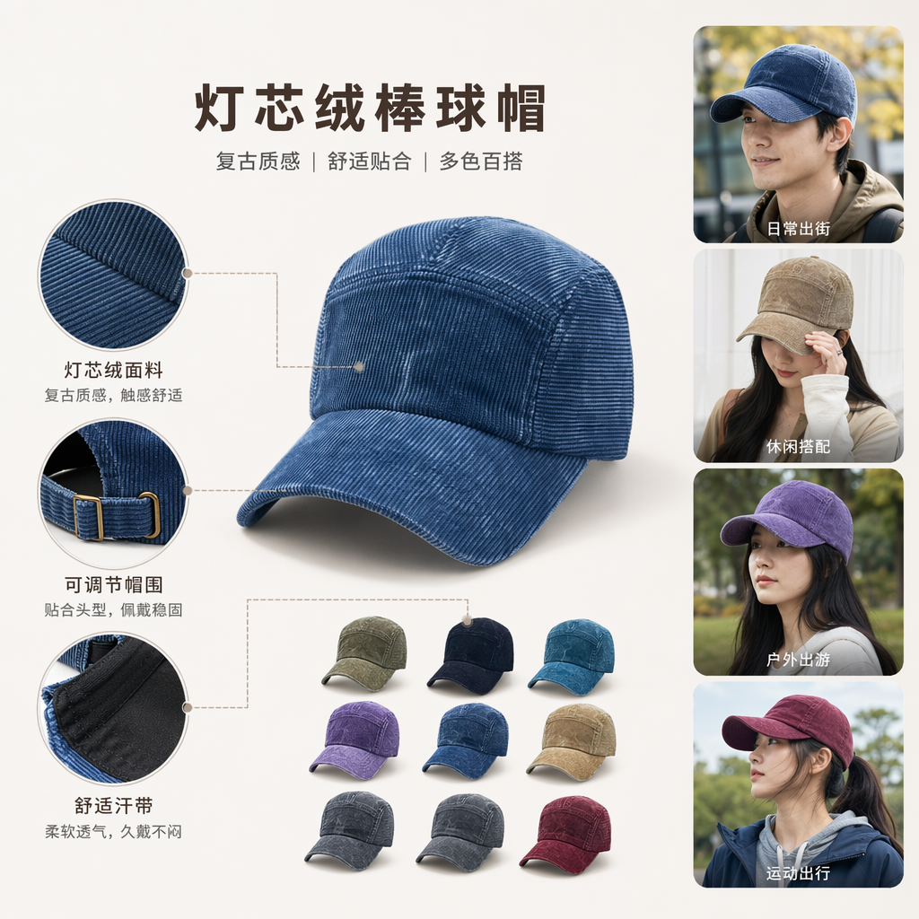 多色灯芯绒棒球帽 时尚休闲百搭男女同款