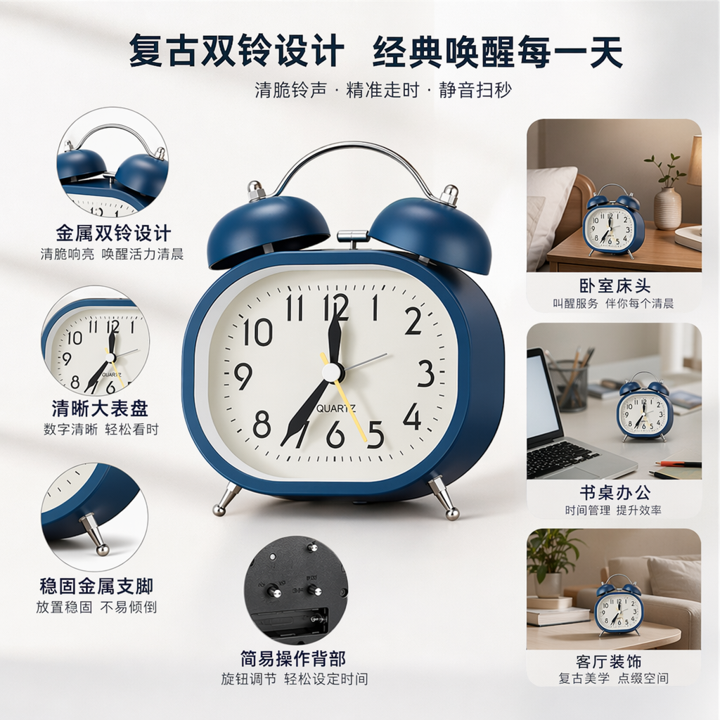 蓝色复古风闹钟创意摆件卧室客厅装饰家用静音台钟