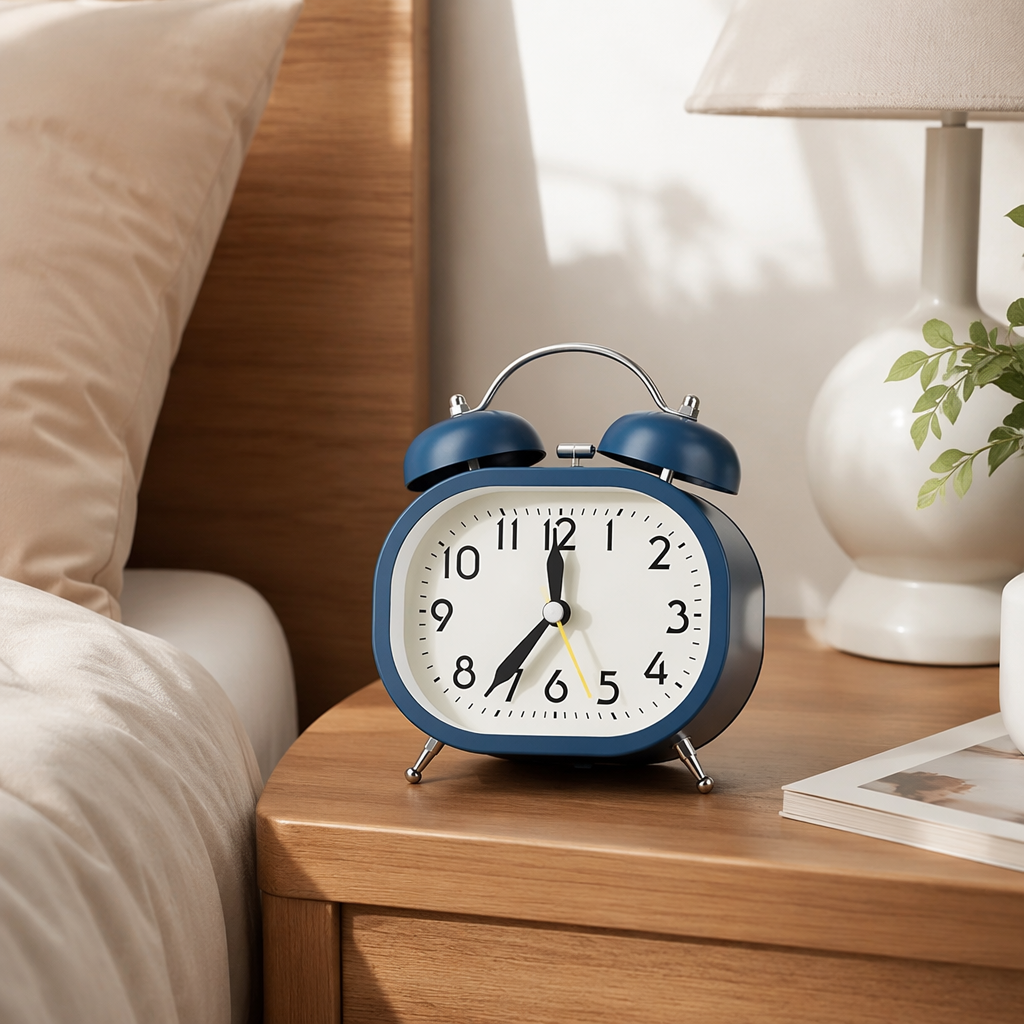 Blue retro-style alarm clock creative display piece, bedroom and living room decoration, home silent table clock details Picture