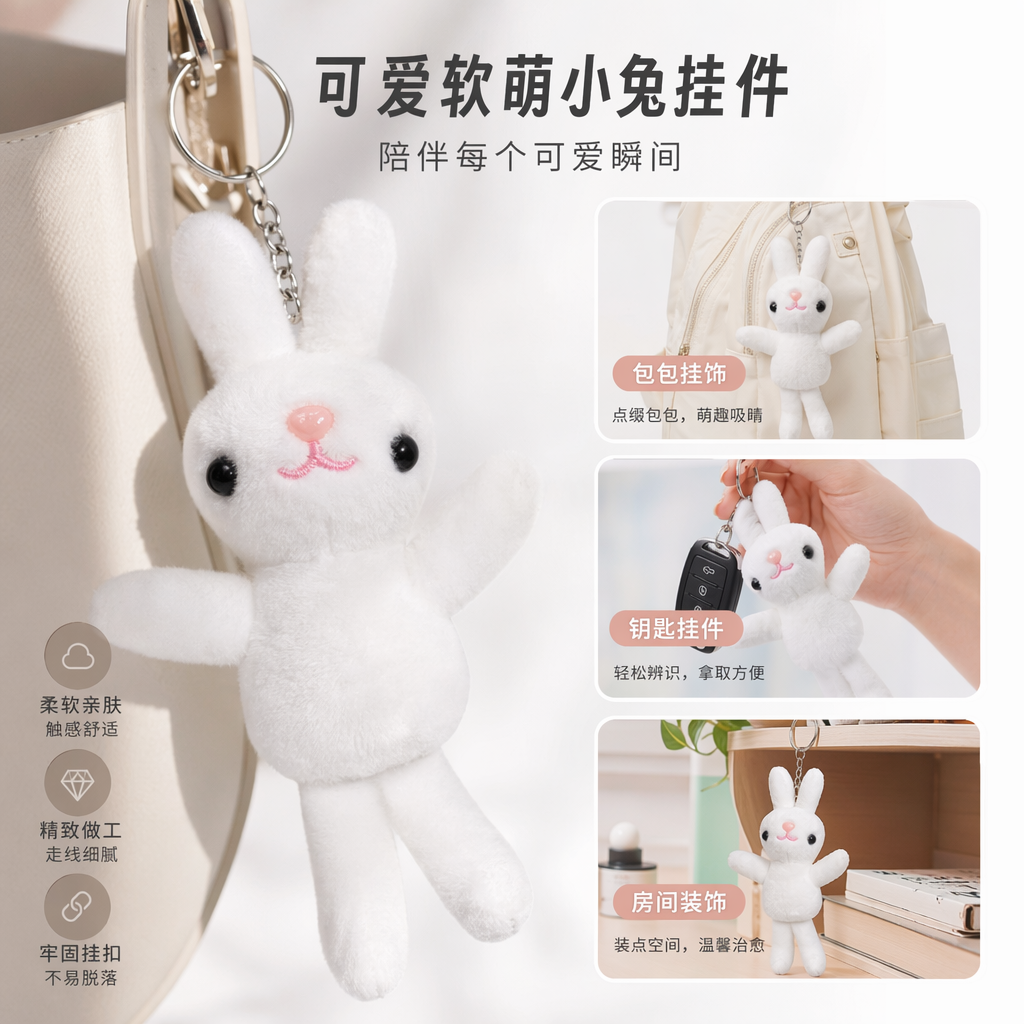 白色兔子毛绒钥匙扣可爱萌趣挂件车载包包装饰图
