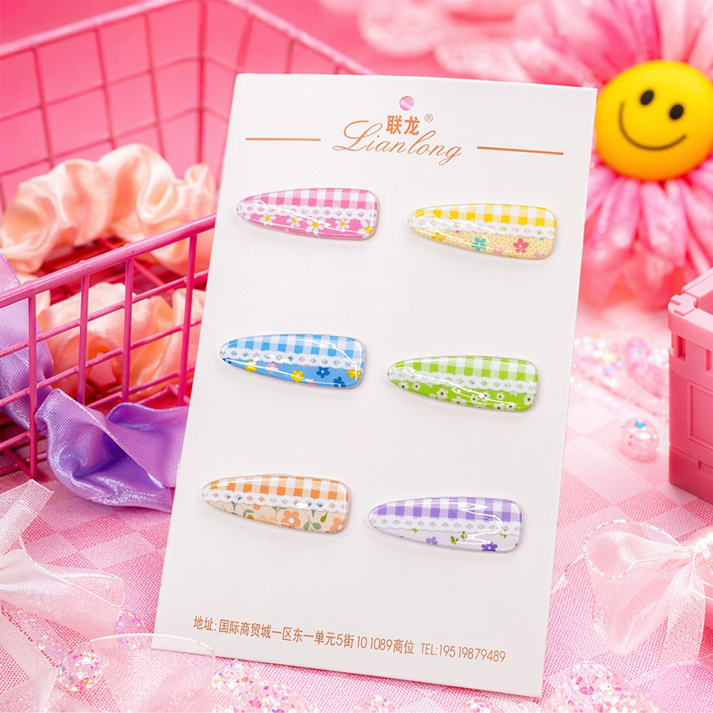 彩色格子发夹套装细节图