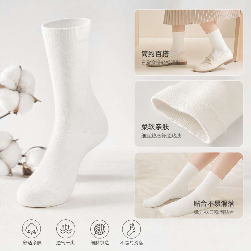 Pure cotton white mid-calf socks for both men and women, sweat-absorbing, breathable and comfortable for daily wear