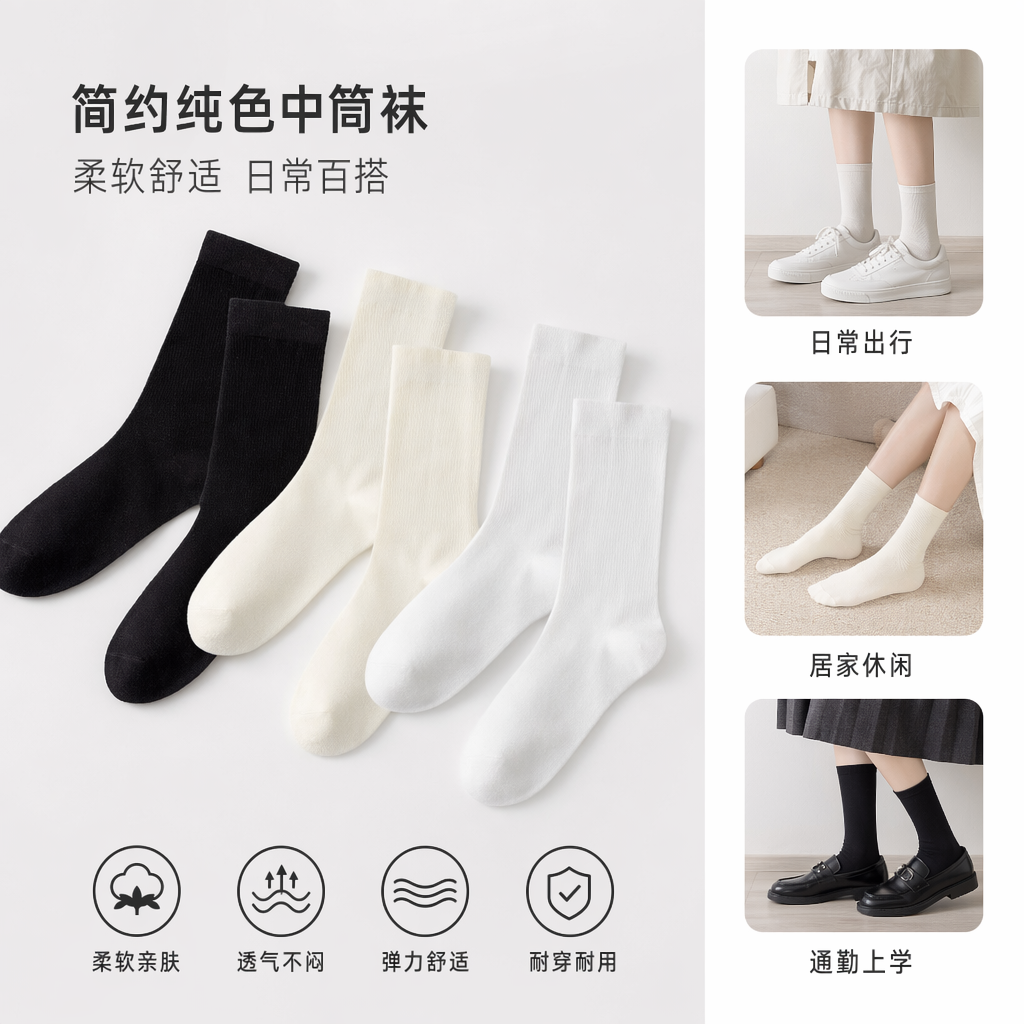 Black and white two-color socks set for both men and women, made of pure cotton, comfortable, breathable and sweat-absorbent