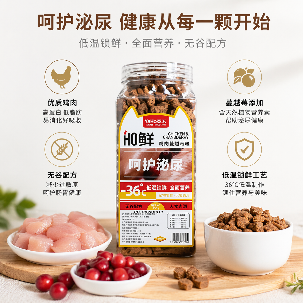 YaHo亚禾HO鲜鸡肉蔓越莓粒宠物零食透明玻璃罐装-36℃低温锁鲜无谷配方