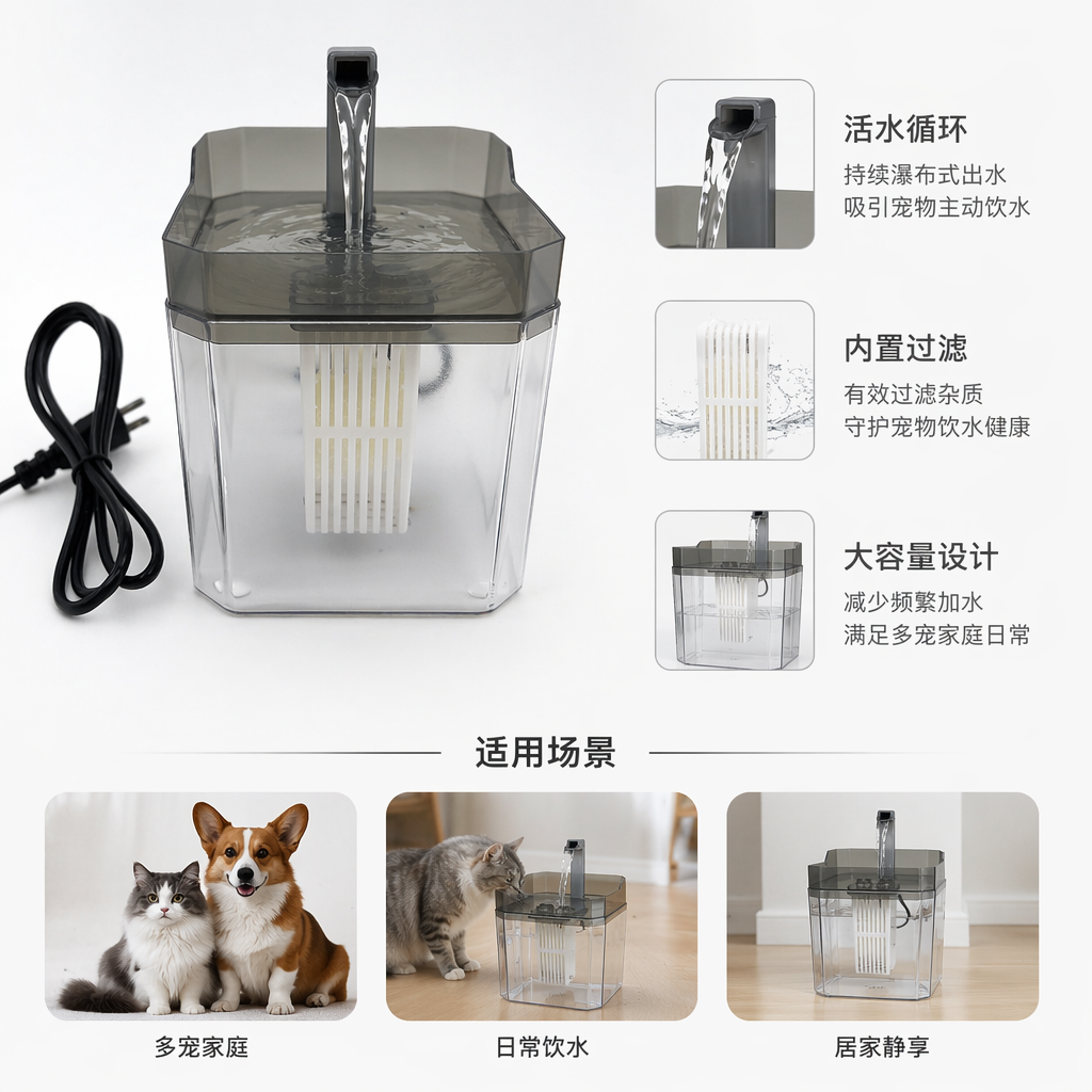Two types of smart automatic feeders and pet water dispensers for cats and dogs, available in gray and yellow