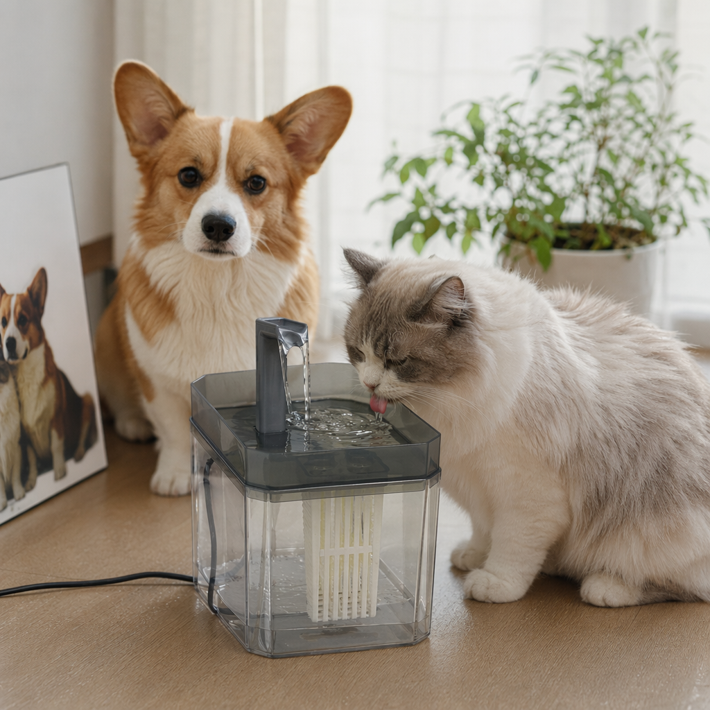 Two types of smart automatic feeders and pet water dispensers for cats and dogs, available in gray and yellow details Picture