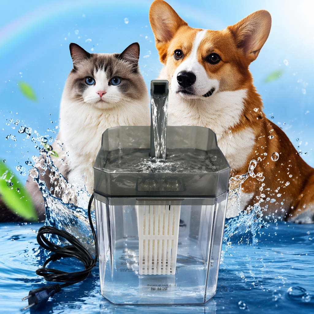 Two types of smart automatic feeders and pet water dispensers for cats and dogs, available in gray and yellow Specification image