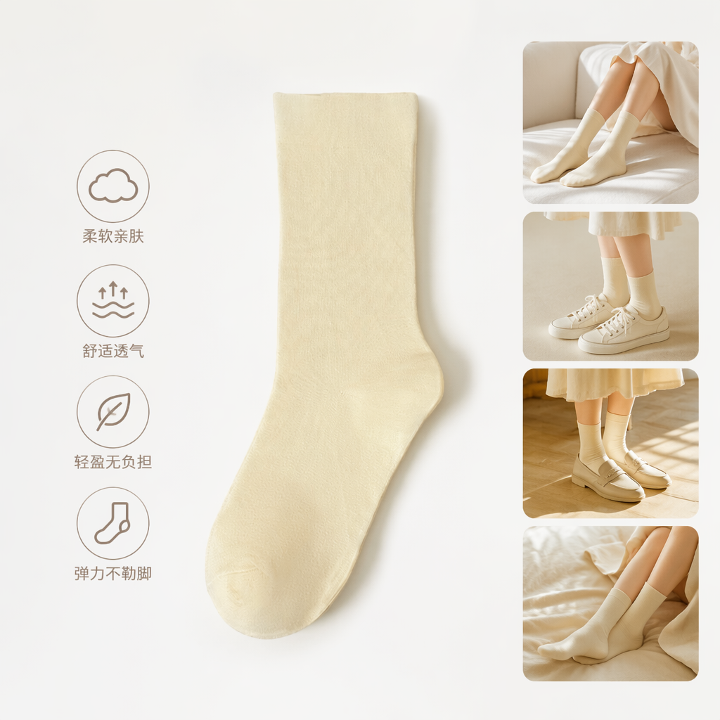 Off-white pure cotton mid-calf socks for both men and women, comfortable and breathable basic style