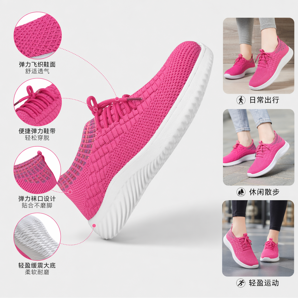 粉色针织运动鞋 女款透气轻便休闲跑步鞋