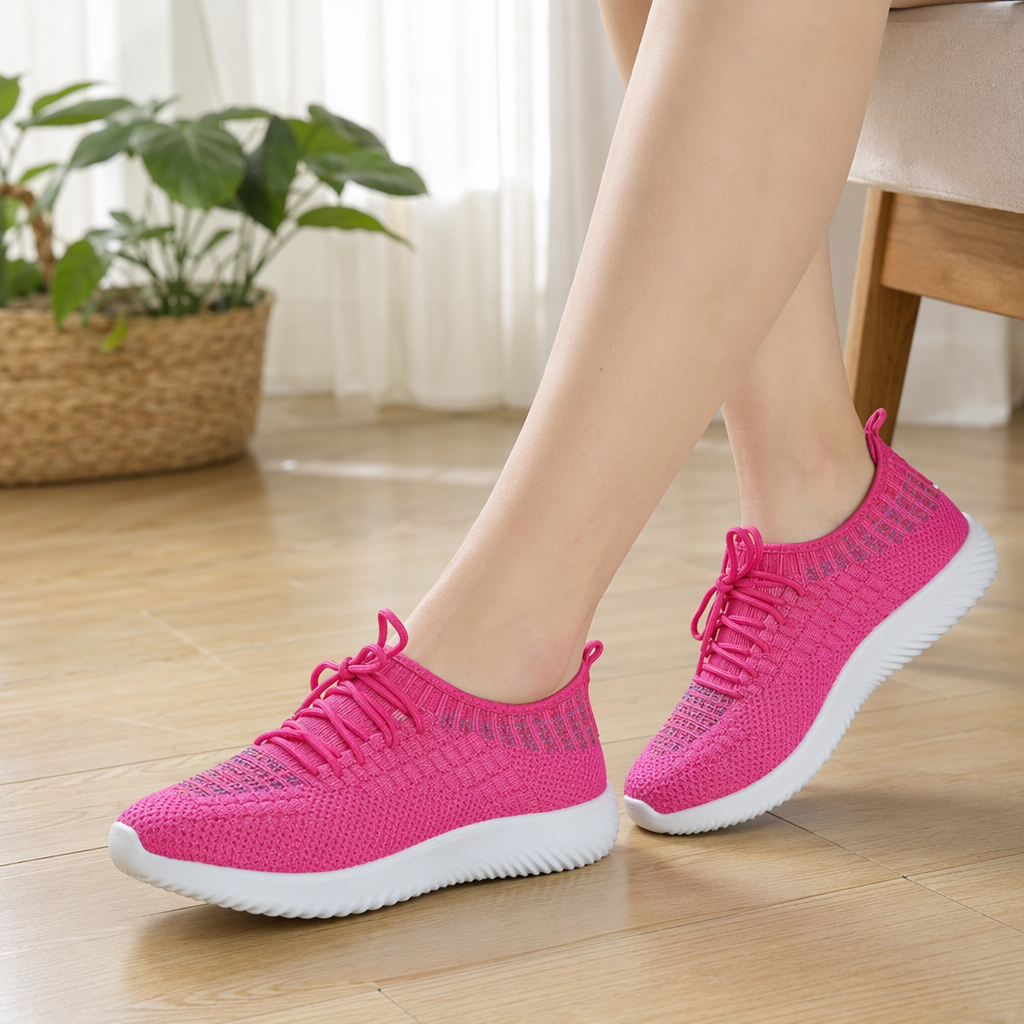 Pink knitted sports shoes for women, breathable, lightweight and casual running shoes details Picture