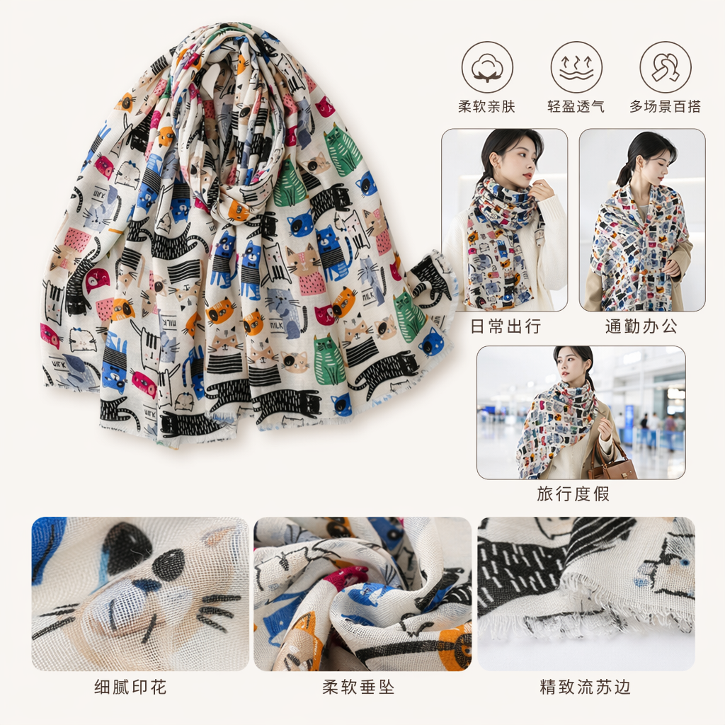 彩色猫咪图案纯棉围巾秋冬保暖时尚百搭
