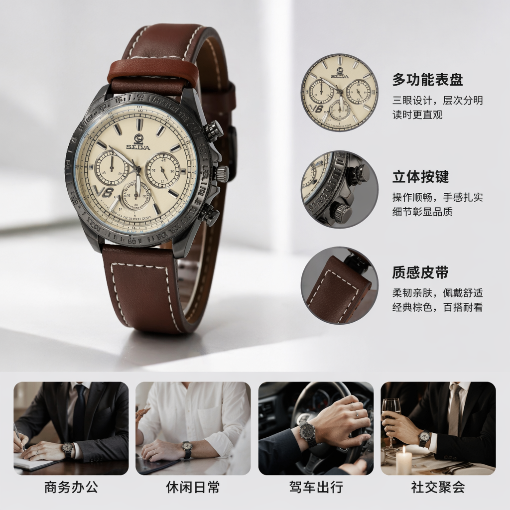 棕色表带手表男士简约石英表真皮表带防水夜光