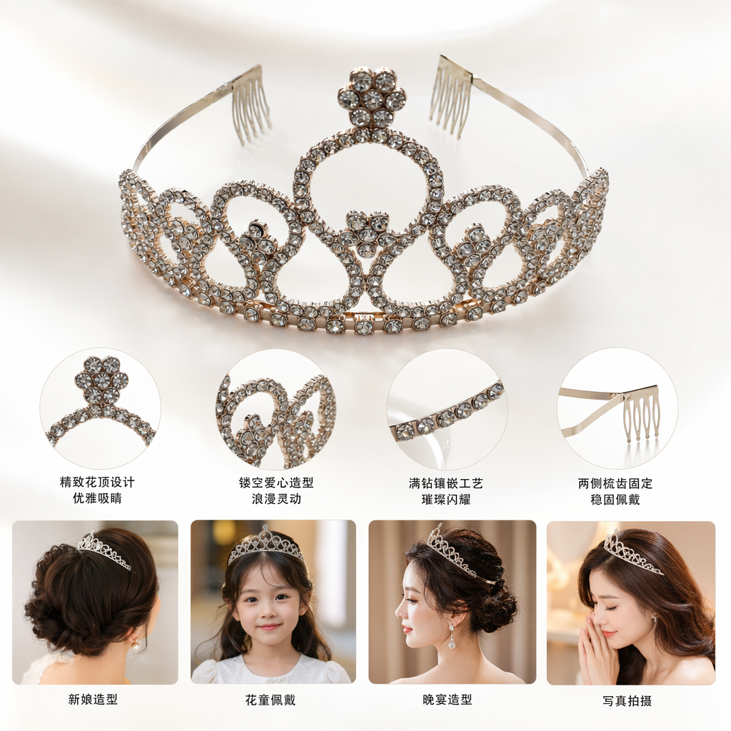 Rose gold diamond-encrusted crown headwear for ladies' wedding party decoration hair accessory