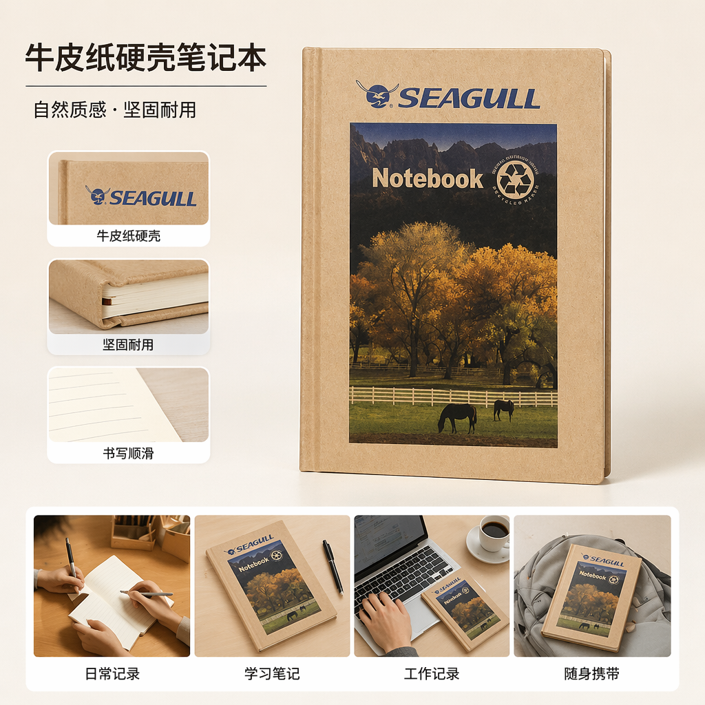SEAGULL秋日田园风米色封面笔记本含马白栅栏黄叶远山Notebook图
