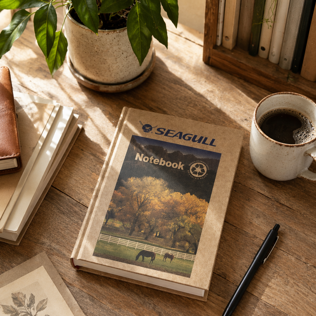 SEAGULL秋日田园风米色封面笔记本含马白栅栏黄叶远山Notebook产品图