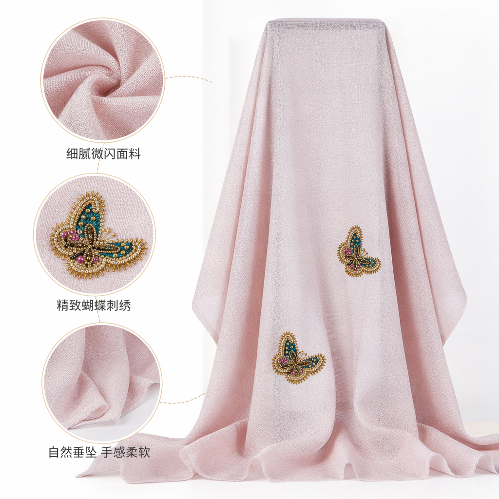 粉色刺绣蝴蝶围巾女士秋冬保暖薄款时尚百搭