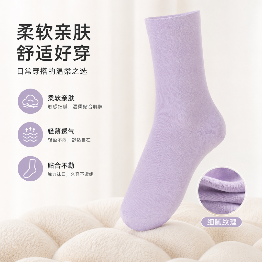 淡紫色纯棉中筒袜 女士百搭舒适透气款