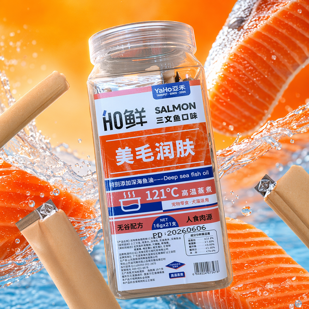 Salmon-flavored pet snacks, cat and dog strips, beautifying hair and moisturizing skin, steamed at 121°C Specification image