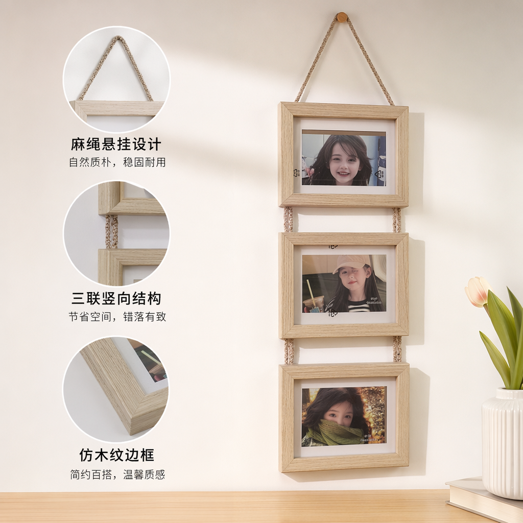 浅木色三联挂饰相框 北欧简约墙面装饰画框组合