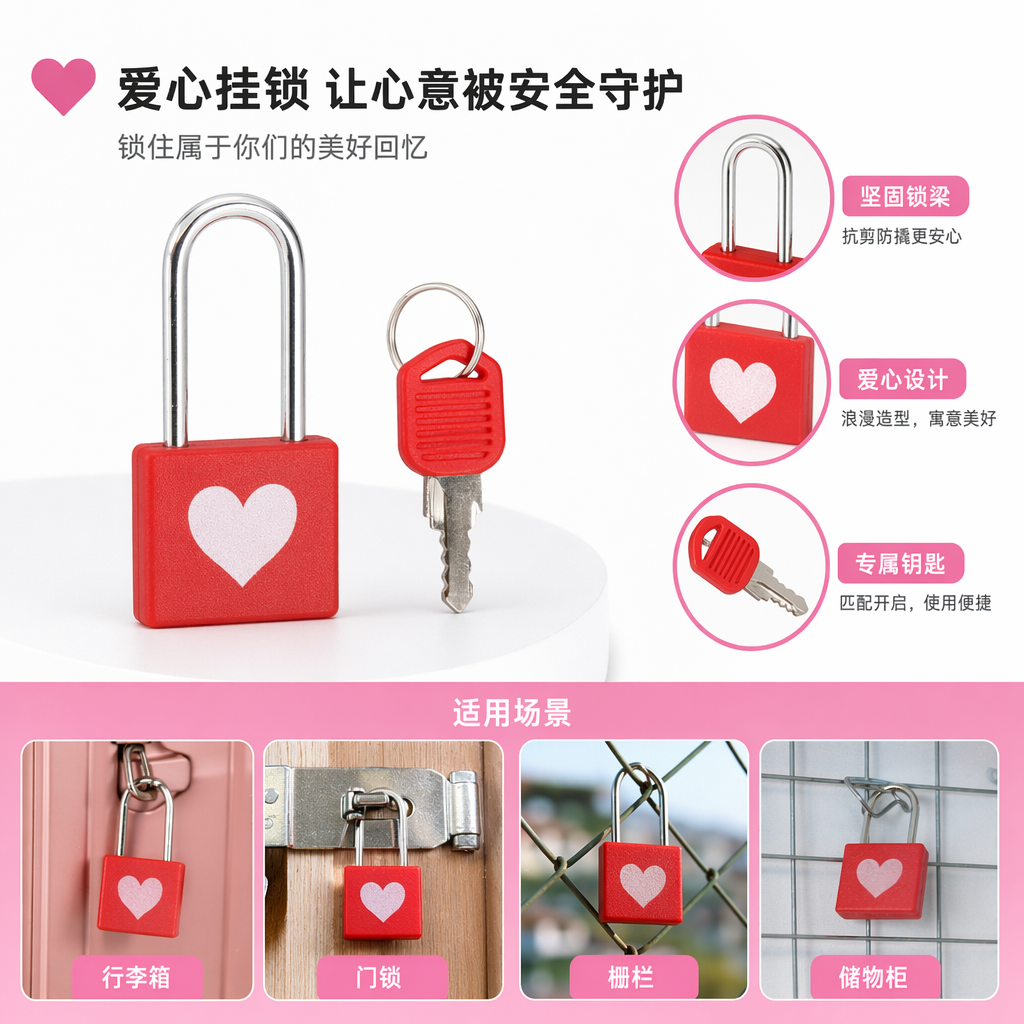 粉色包装盒内红色心形挂锁及钥匙